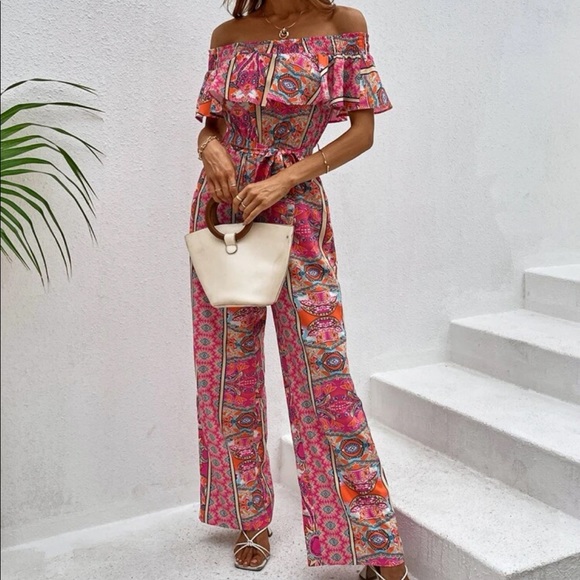 Boho Floral Paisley Print Off Shoulder Belted Wide Leg Jumpsuit - Picture 5 of 5